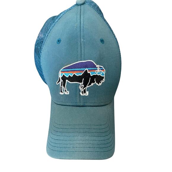 Patagonia Hat Cap Snap Back Blue Mesh Trucker Embroidered Bison Patch Mens - Picture 1 of 9